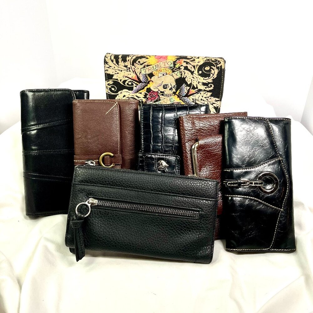 7-Wallet Wardrobe Bundle–Y2K Ed Hardy Tattoo Bifold + Faux & Cowhide Organizers